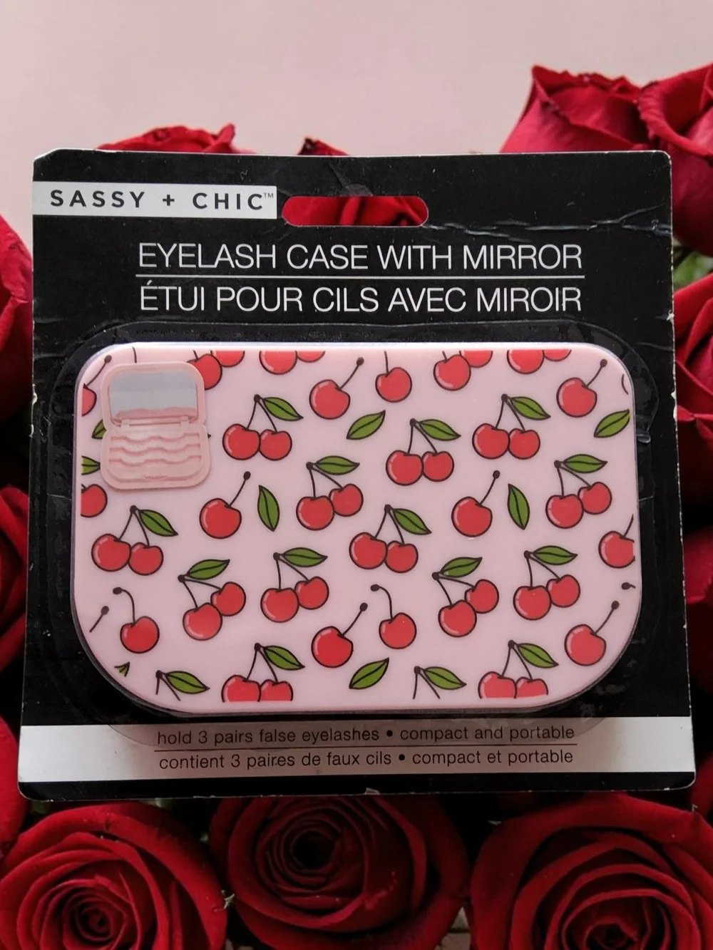 Sassy + Chic Pink Cherry Eyelash Case with Mirror